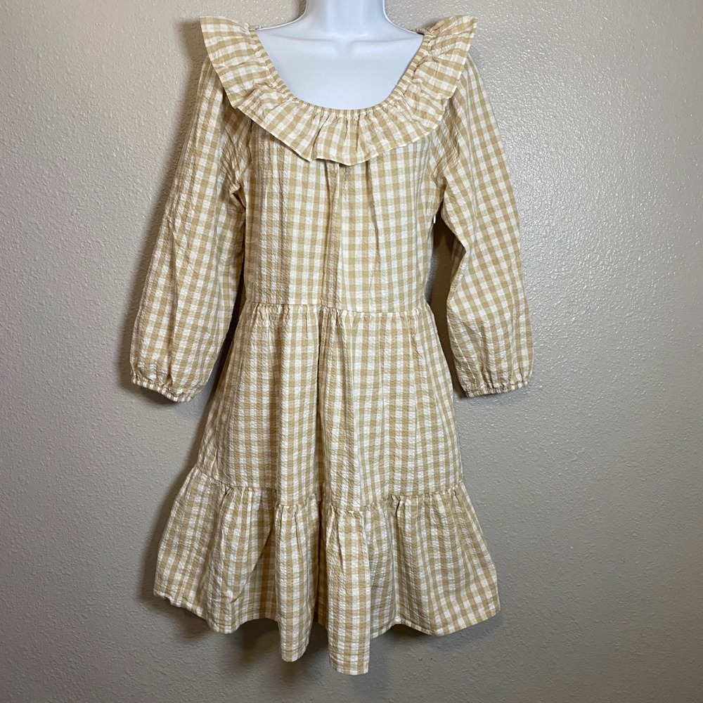 J. Crew Factory Seersucker Ruffleneck Gingham Mini Dress 8 Cream Cottagecore
